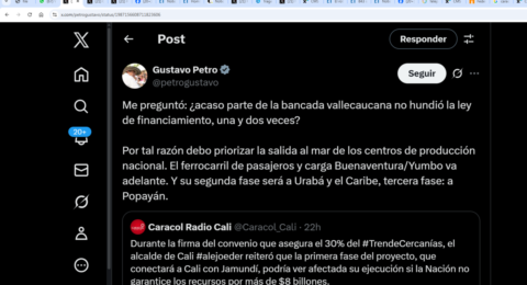 El presidente Gustavo Petro respondió que priorizará otros proyectos y no tren de cercanías del Valle: 'Presidente, usted plantea venganza política'