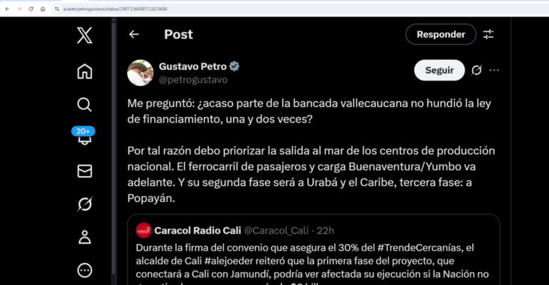 El presidente Gustavo Petro respondió que priorizará otros proyectos y no tren de cercanías del Valle: 'Presidente, usted plantea venganza política'