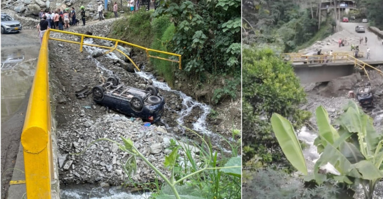 Impactante accidente de tránsito en Ibagué deja seis heridos, entre ellos una menor: carro rompió barandas, se volcó y quedó al borde del río Combeima