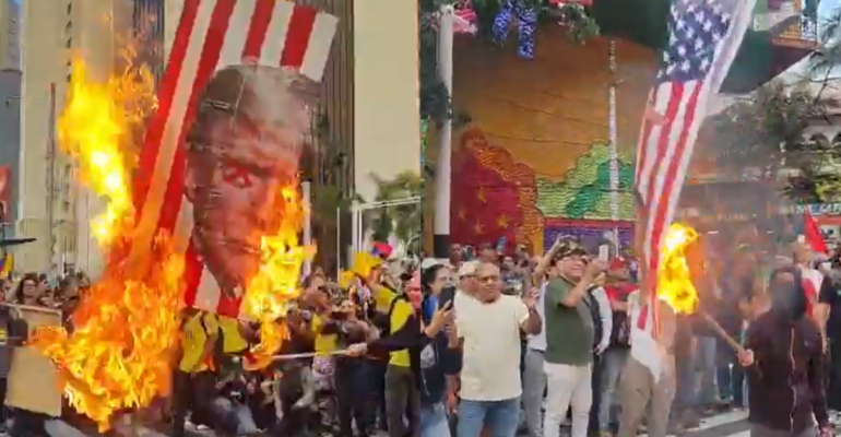 Encapuchados en Medellín le prendieron fuego a la imagen de Donald Trump y a la bandera estadounidense en marchas convocadas por el presidente Petro