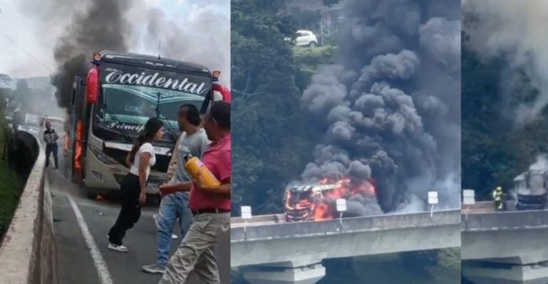 Bus intermunicipal se incendió en la vía Dosquebradas – Santa Rosa de Cabal: iban 20 personas, 17 de ellas extranjeras