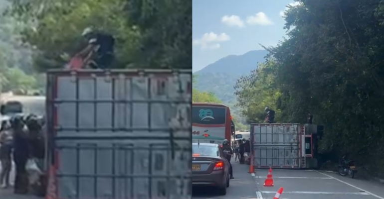 Revelan la causa del volcamiento de un camión durante la mañana de este sábado 4 de abril en la vía La Vega-Villeta: le robaron la carga