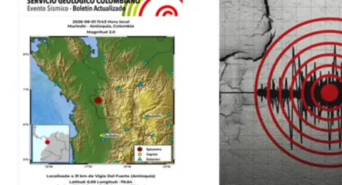 Sismo de magnitud 2.6 fue reportado en Murindó, Antioquia, por el Servicio Geológico Colombiano