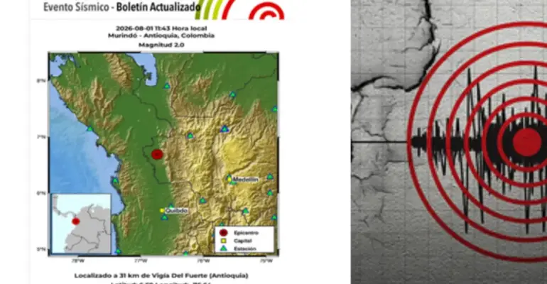 Sismo de magnitud 2.6 fue reportado en Murindó, Antioquia, por el Servicio Geológico Colombiano