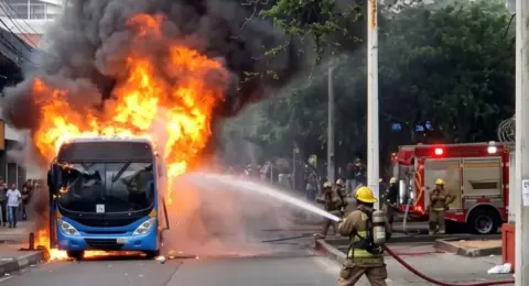 Susto en el centro de Cali: evacúan a tiempo a pasajeros de un bus articulado del sistema MIO por incendio