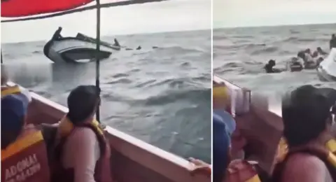En video quedó registrado el momento en que una lancha con turistas se volcó en aguas de Santa Marta: fuerte oleaje habría provocado el accidente