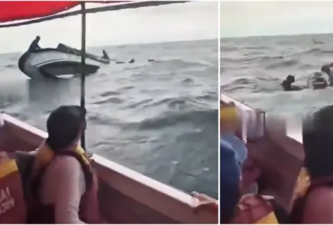 En video quedó registrado el momento en que una lancha con turistas se volcó en aguas de Santa Marta: fuerte oleaje habría provocado el accidente