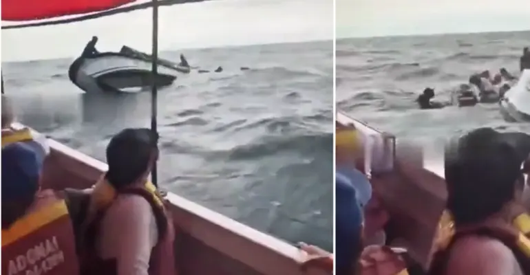 En video quedó registrado el momento en que una lancha con turistas se volcó en aguas de Santa Marta: fuerte oleaje habría provocado el accidente