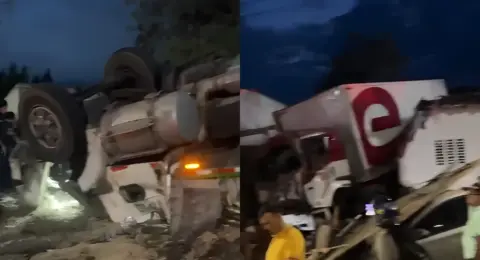 Videos del fuerte accidente del tractocamión que se estrelló contra una vivienda en la vía Lebrija - Girón, dejando 7 heridos y una persona muerta