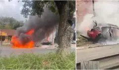 Ataque sicarial contra comerciante en la vía Piedecuesta-Floridablanca, Santander, provocó el choque e incendio de un vehículo que dejó seis heridos