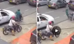 En video, un motociclista robó a una mujer y luego un ciudadano lo derribó: en el forcejeo, el hijo de la víctima del hurto recibió un disparo en Cali